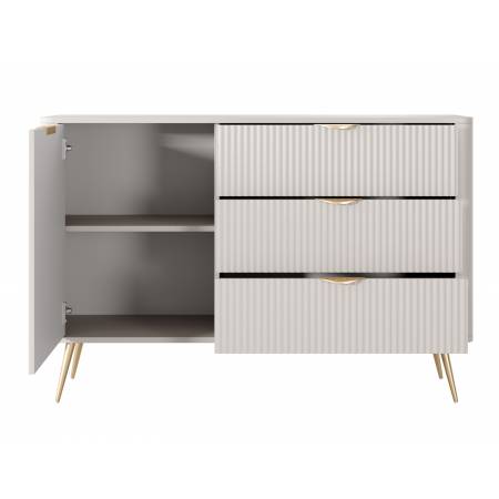 Komoda 138 cm szuflady ryflowane fronty beż + złoty zaokrąglone boki  LANETT